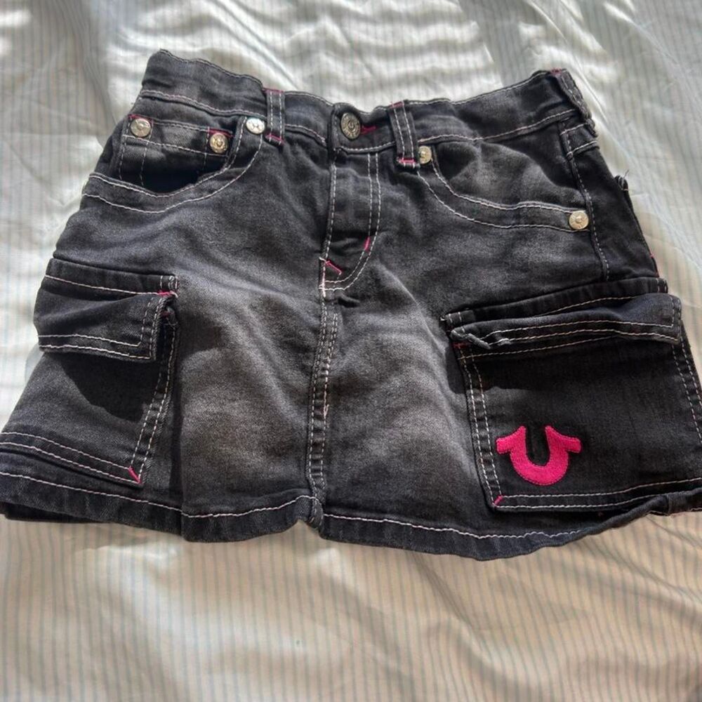 True Religion Black Denim Cargo Mini Skirt Pink Stitching Size M 10/12